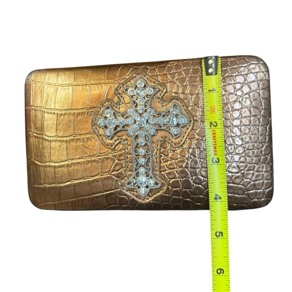 Y2K Copper Colored Crocodile Embossed Wallet Clutch with Rhinestone Cross - Picture 5 of 6